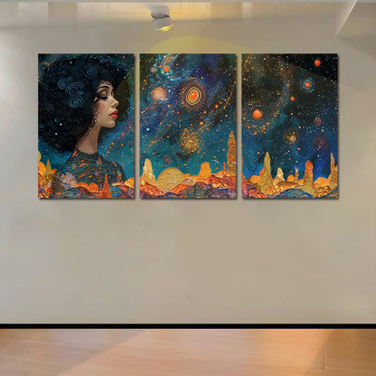3pcs Woman Looking into a Cosmic Landscape Wall Art Set Canvas Framed 60x90cm - High Quality Print 100% Australian Made Wall Canvas Ready to Hang