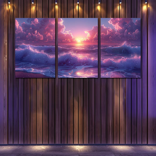 3pcs Beach Sunset with Pink and Purple Clouds Wall Art Set Canvas Framed 40x60cm - High Quality Print 100% Australian Made Wall Canvas Ready to Hang