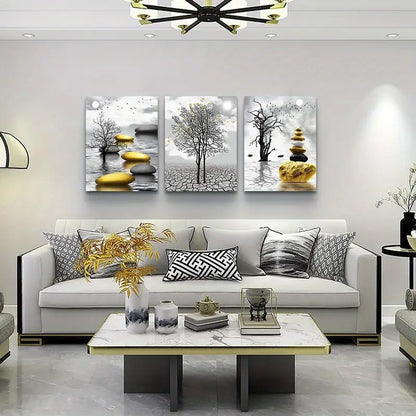 3pcs  Black & White & Golden Accent Metal Print Ready to Hang Art