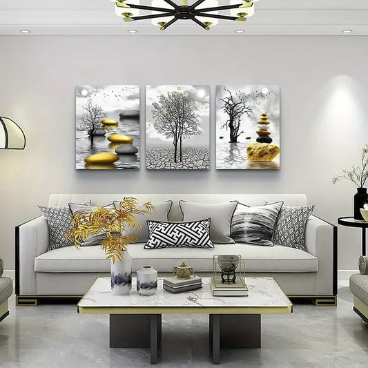 3pcs  Black & White & Golden Accent Metal Print Ready to Hang Art