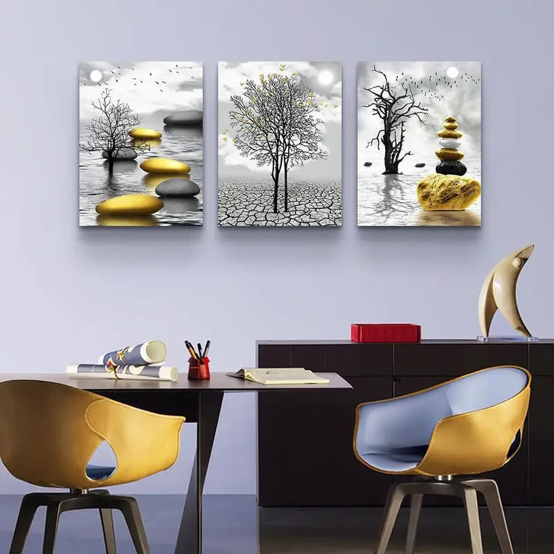 3pcs  Black & White & Golden Accent Metal Print Ready to Hang Art