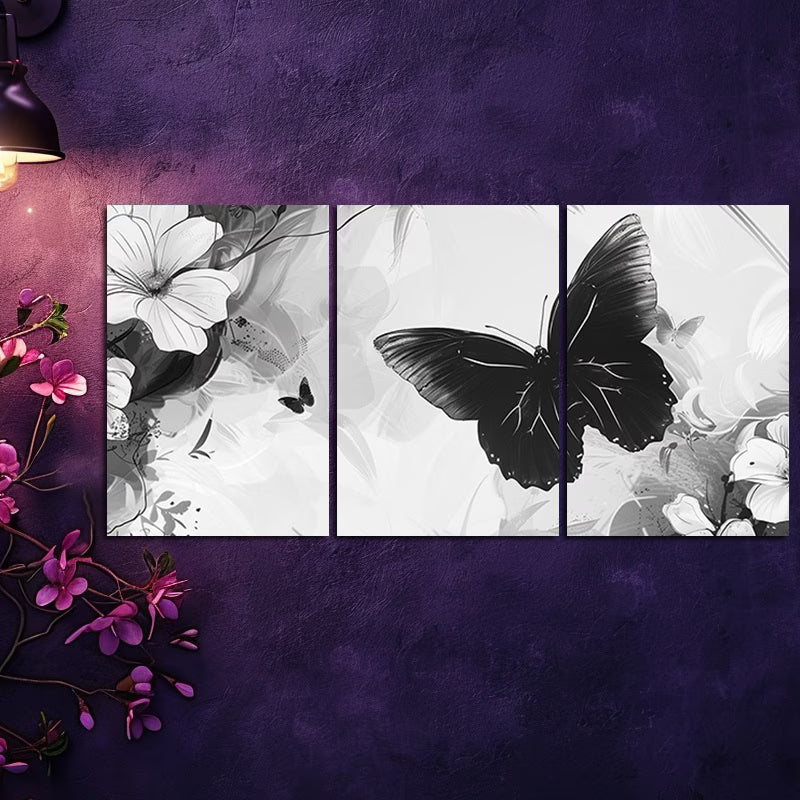 3pcs Black Butterfly Modern Illustration Wall Art Set Canvas Framed 40x60cm - High Quality Print 100% Australian Made Wall Canvas Ready to Hang