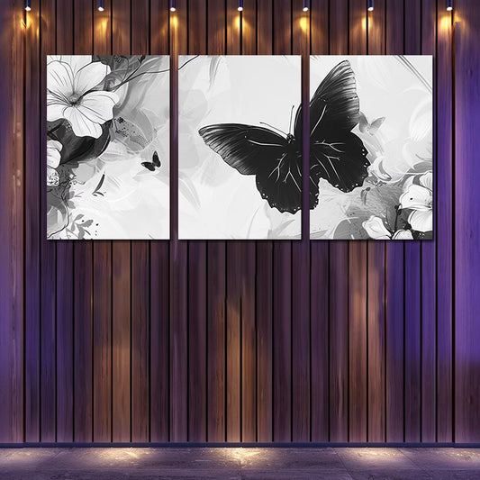 3pcs Black Butterfly Modern Illustration Wall Art Set Canvas Framed 50x70cm - High Quality Print 100% Australian Made Wall Canvas Ready to Hang
