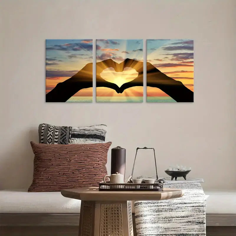 3pcs Triptych  Sunset Heart Hands & Ocean Line Metal Print Ready to Hang Art