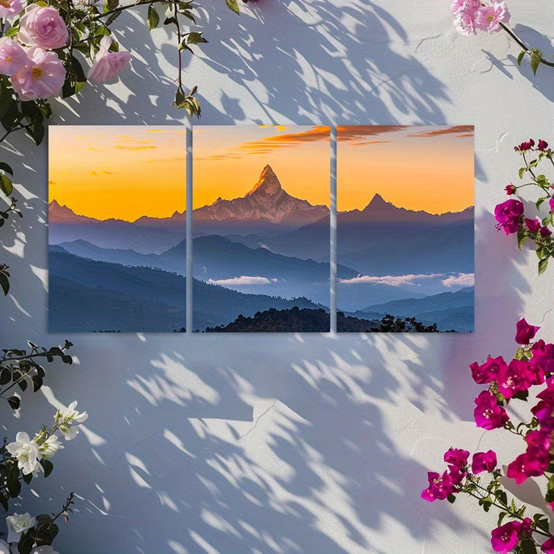 3pcs Annapurna Range Himalayas Silhouette Wall Art Set Canvas Framed 50x70cm - High Quality Print 100% Australian Made Wall Canvas Ready to Hang
