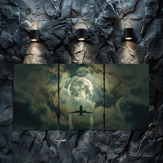 3pcs Moon and Airplane Sky Scene Wall Art Set Canvas Framed 60x90cm - High Quality Print 100% Australian Made Wall Canvas Ready to Hang