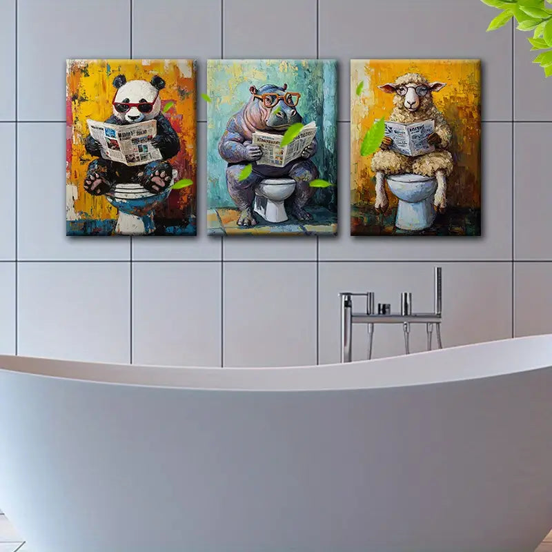 3pcs Animals Panda, Hippo, Sheep Reading Metal Print Ready to Hang Art