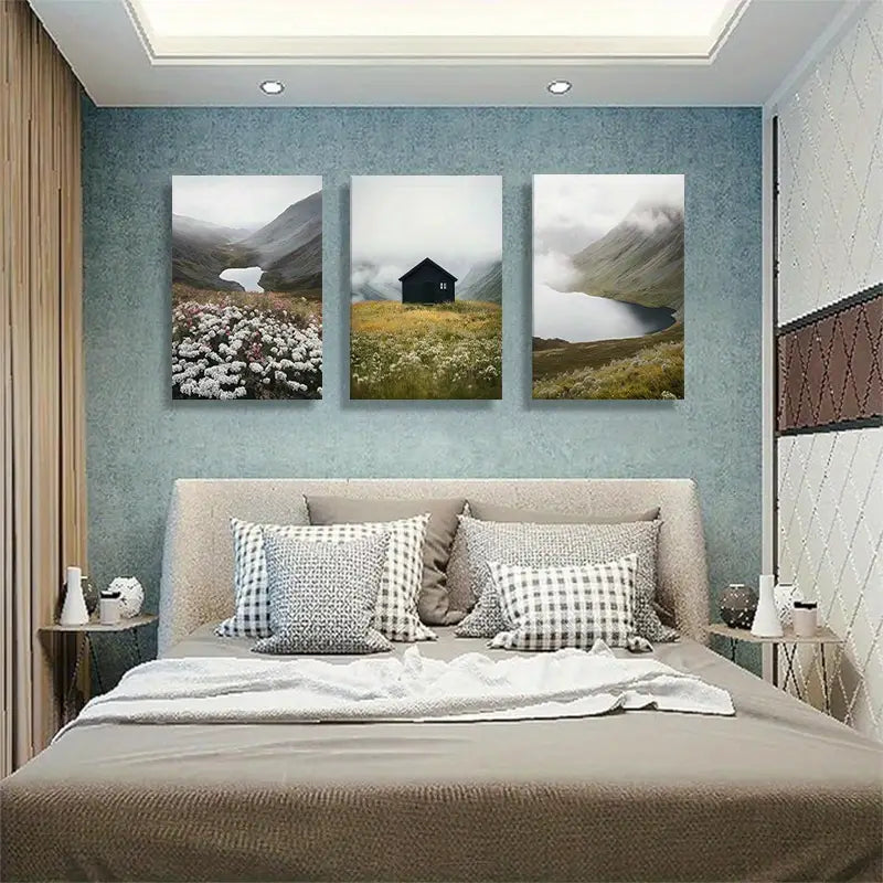 3pcs Tranquil Mountain Misty Lake and Flower Field Metal Print Ready to Hang Art