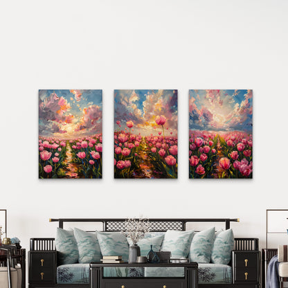 3pcs Pink Tulip Field Impasto Painting Wall Art Set Canvas Framed 60x90cm - High Quality Print 100% Australian Made Wall Canvas Ready to Hang