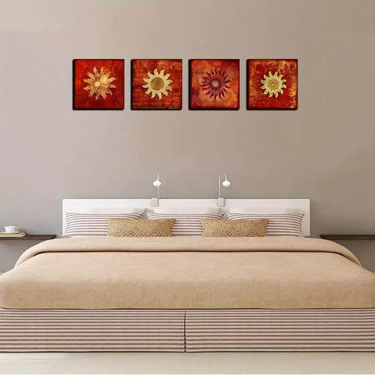 4pcs Red Sunflower Print Wall Art Canvas Framed