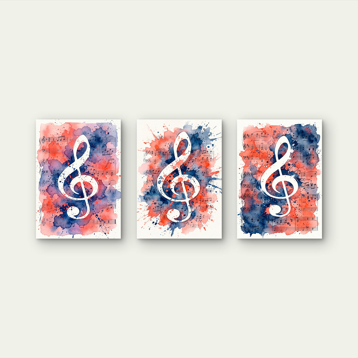 3pcs Watercolor Music Notes Treble Clef Sheet Music Splatter Red Blue Wall Art Set Canvas Framed 50x70cm- High Quality Print 100% Australian Made Wall Canvas Ready to Hang
