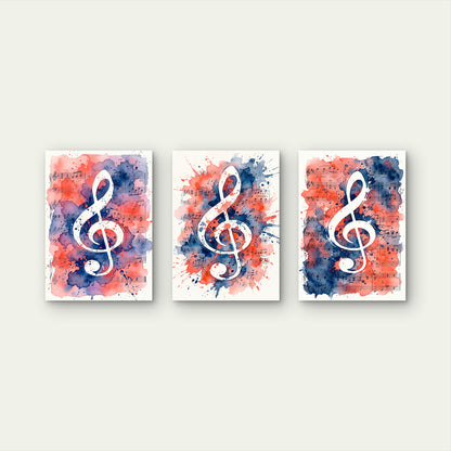3pcs Watercolor Music Notes Treble Clef Sheet Music Splatter Red Blue Wall Art Set Canvas Framed 50x70cm- High Quality Print 100% Australian Made Wall Canvas Ready to Hang