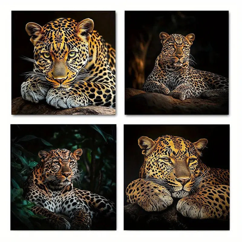 4pcs Golden Leopard Print Wall Art Canvas Framed