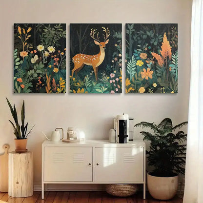 3pcs Deer in the Forest Flowers & Plants, Vibrant Metal Print Ready to Hang Art