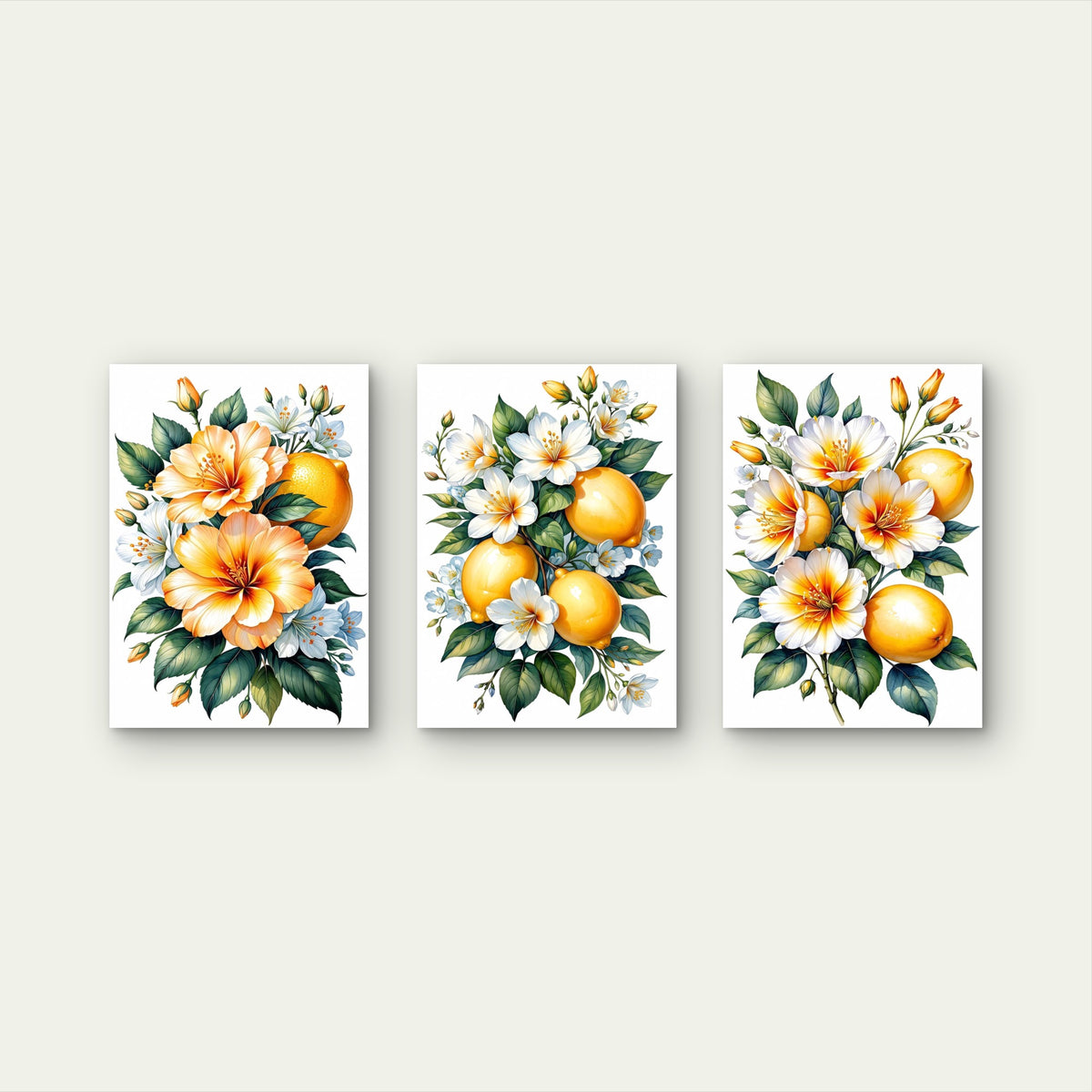 3pcs Yellow Lemons And White Floral Botanical Illustration Wall Art Set Canvas Framed 50x70cm - High Quality Print 100% Australian Made Wall Canvas Ready to Hang