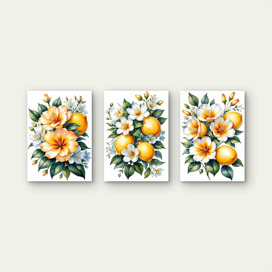 3pcs Yellow Lemons And White Floral Botanical Illustration Wall Art Set Canvas Framed 50x70cm - High Quality Print 100% Australian Made Wall Canvas Ready to Hang