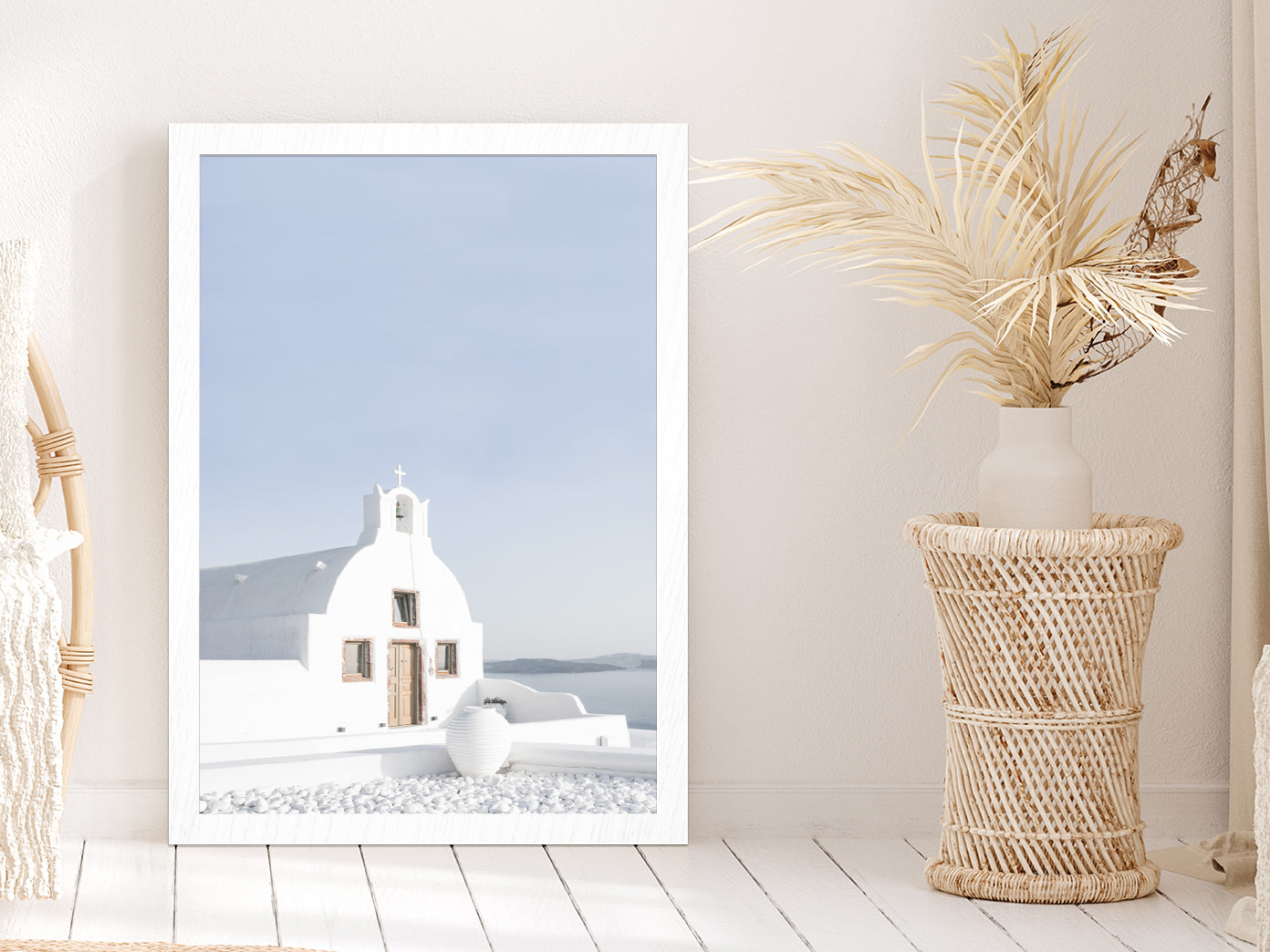 Greek Church by the White Houses Photograph Glass Framed Wall Art, Ready to Hang Quality Print Without White Border White