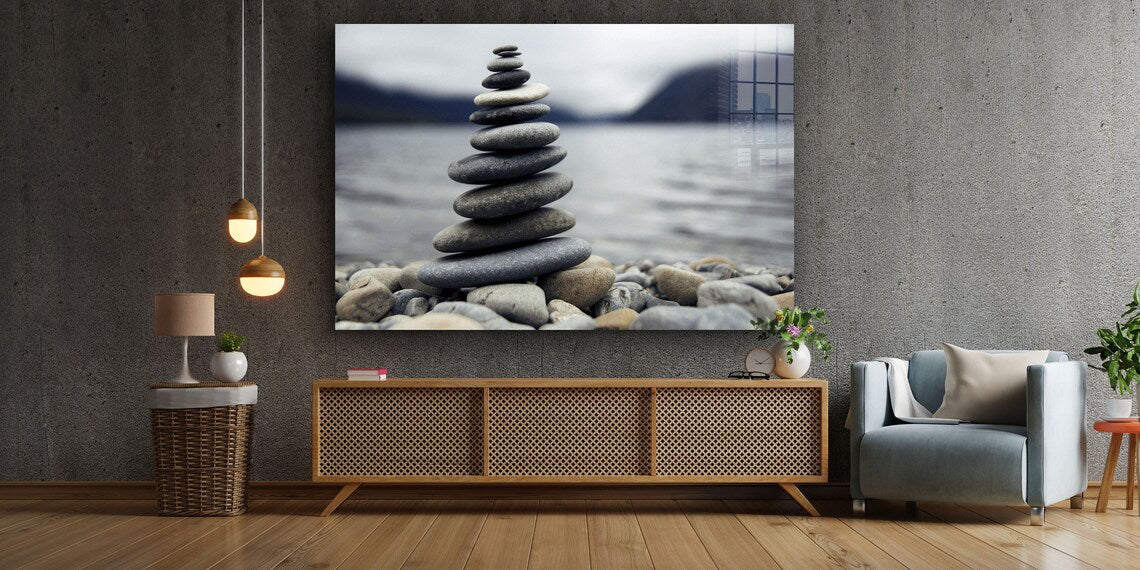 Zen Rocks near Lake UV Direct Aluminum Print Australian Made Quality