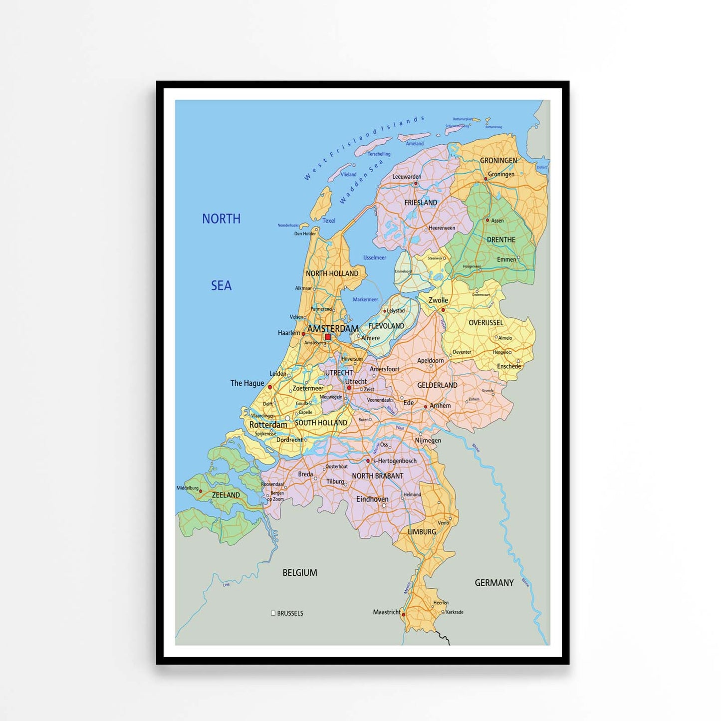 Netherlands Highly Detailed Political Map Home Decor Premium Quality Poster Print Choose Your Sizes