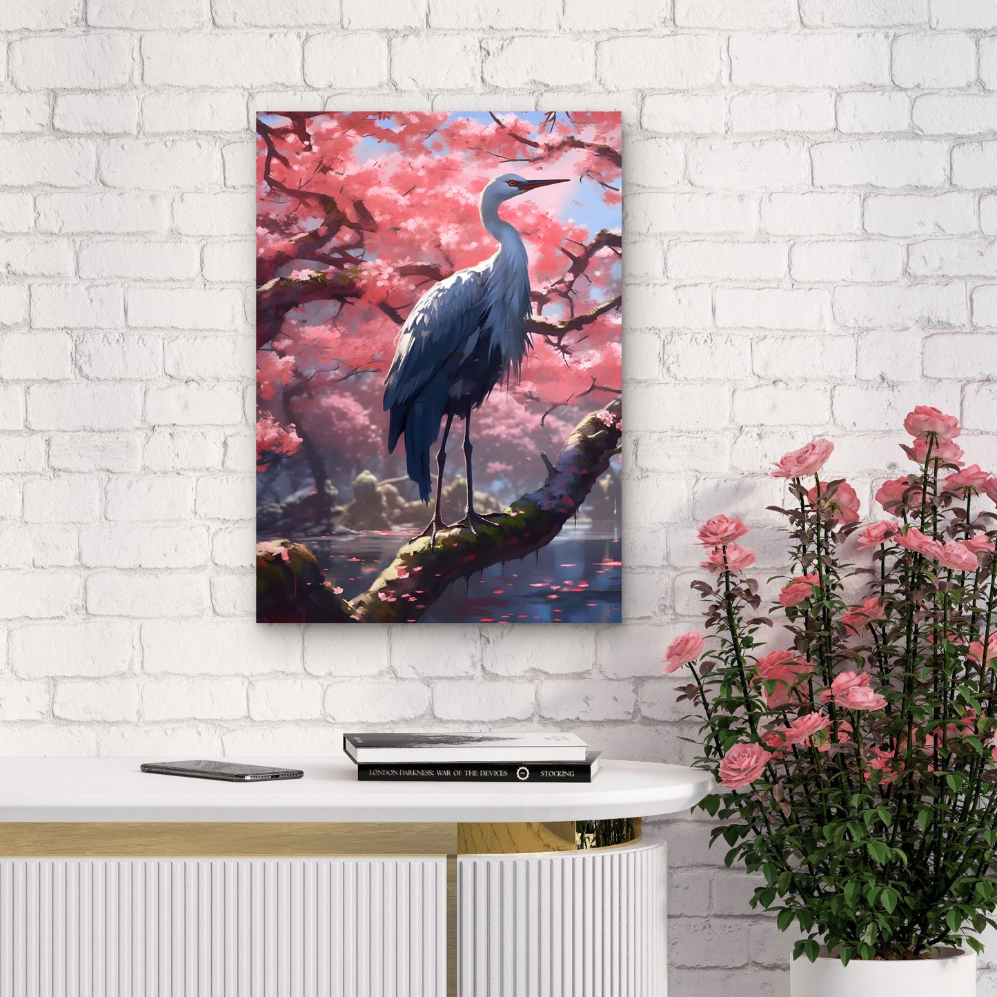 White Egret Heron Sakura Garden 60x90cm Metal Print Ready to Hang