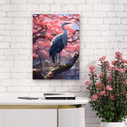 White Egret Heron Sakura Garden 60x90cm Metal Print Ready to Hang