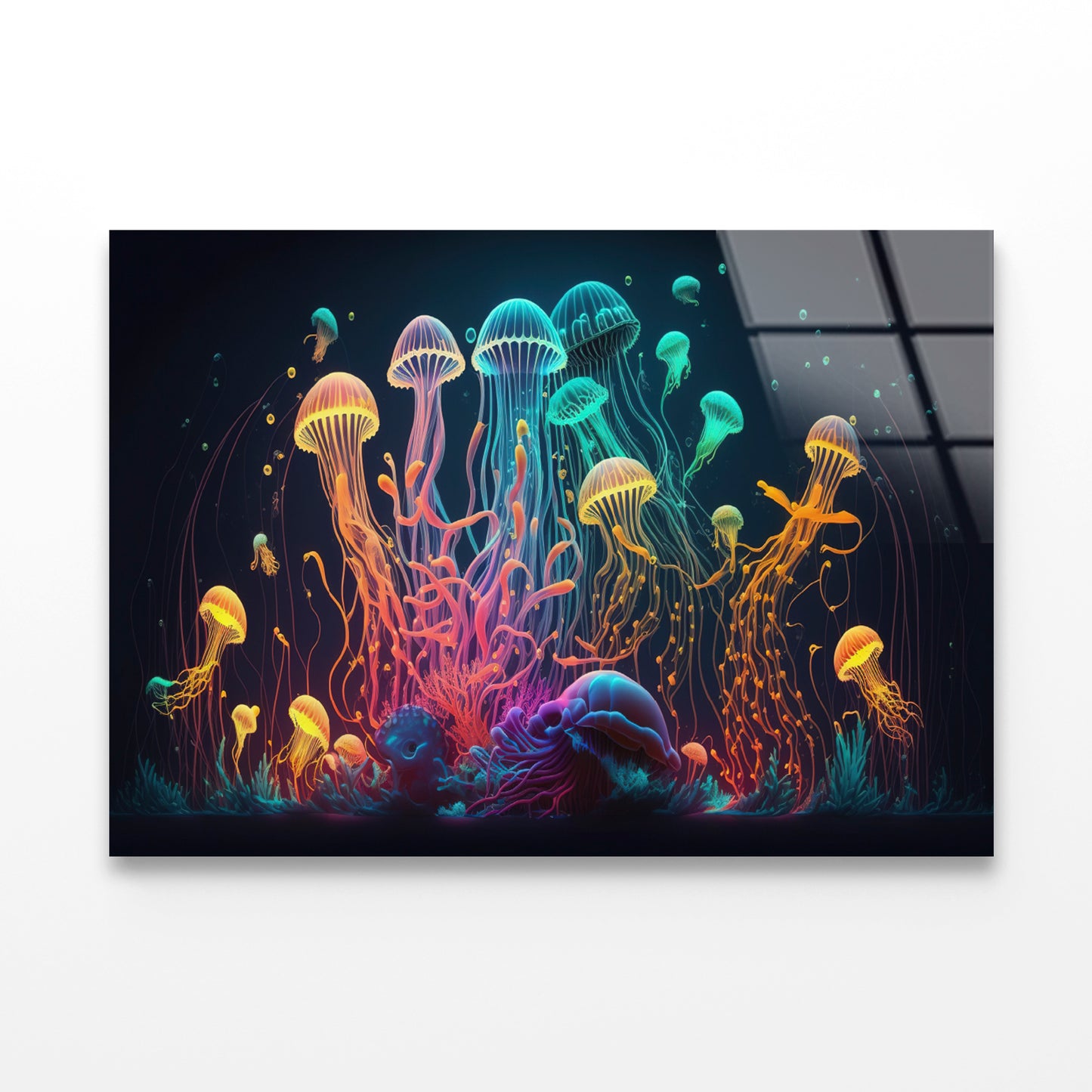 Colorful Jellyfish and Fish Float In an Ocean Acrylic Glass Print Tempered Glass Wall Art 100% Made in Australia Ready to Hang