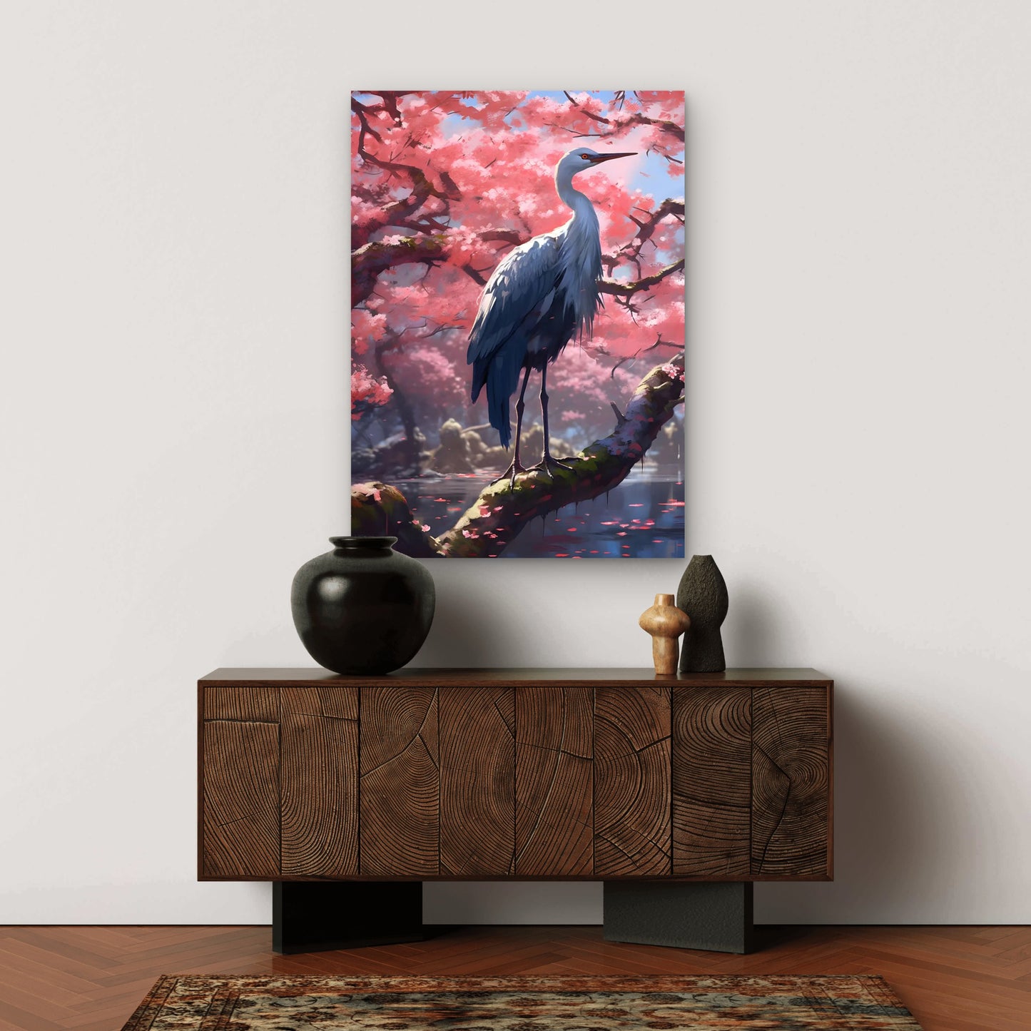 White Egret Heron Sakura Garden 60x90cm Metal Print Ready to Hang