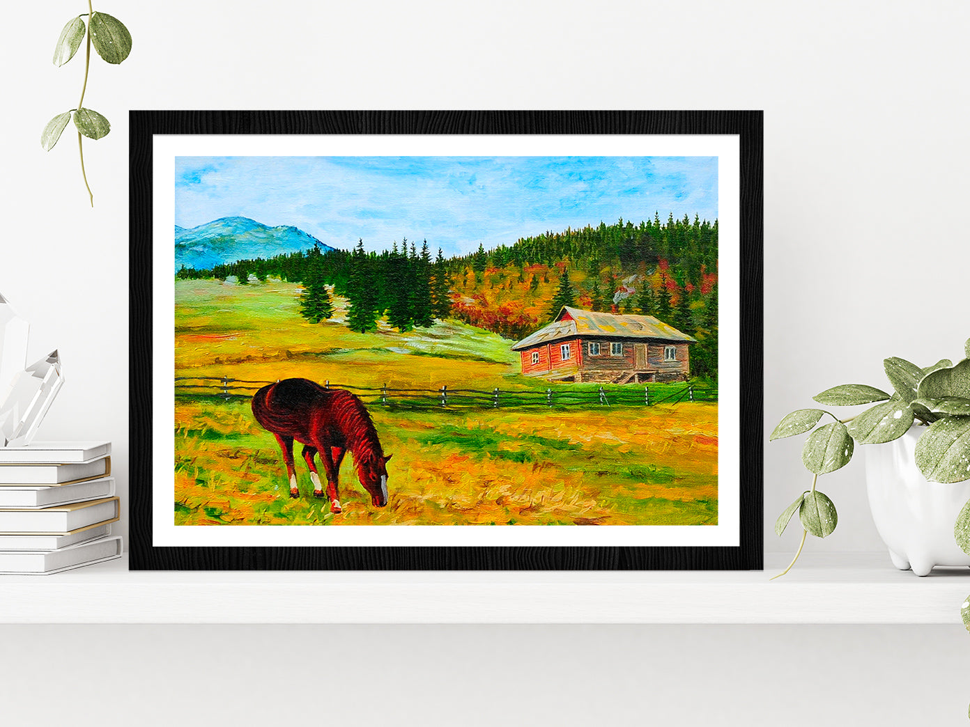 Horse Near The House Mountain Landscape Oil Painting Glass Framed Wall Art, Ready to Hang Quality Print With White Border Black