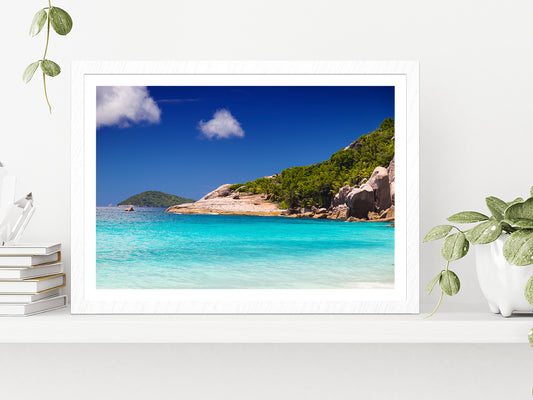 Tropical Beach With Palm Trees Glass Framed Wall Art, Ready to Hang Quality Print With White Border White