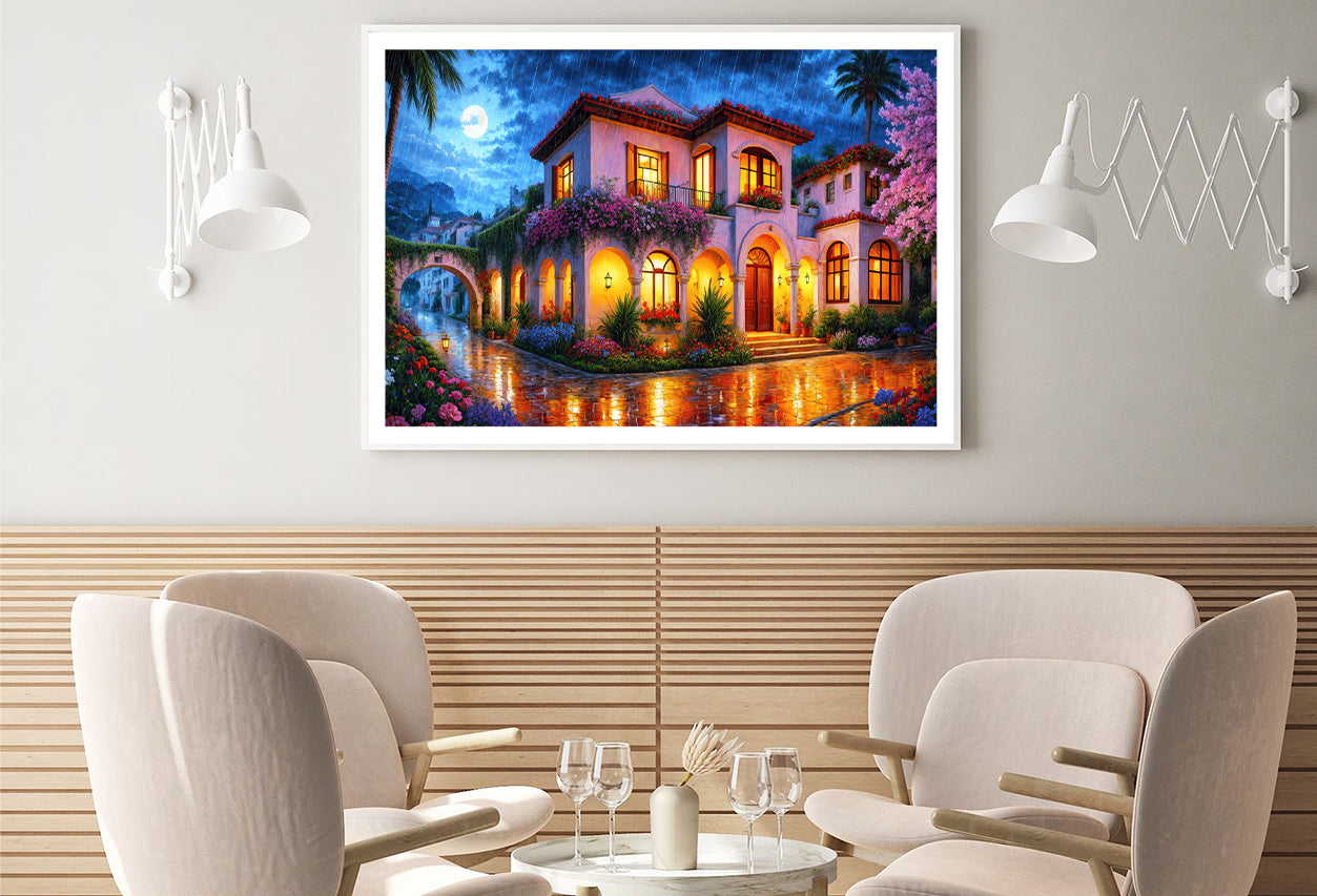 House Surrounded By Flowers at Night Home Decor Premium Quality Poster Print Choose Your Sizes