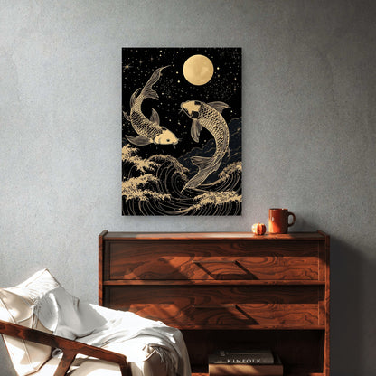 Gold Koi Fish Moon Waves 60x90cm Metal Print Ready to Hang