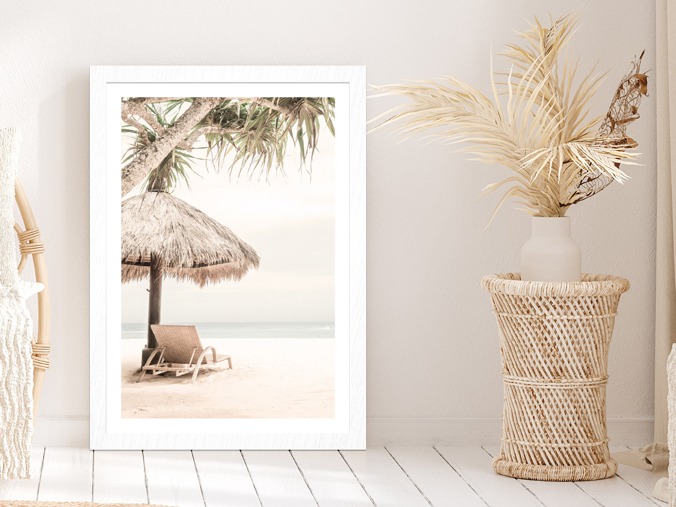 Beach Hut & Chair near Sea Faded Photograph Glass Framed Wall Art, Ready to Hang Quality Print With White Border White