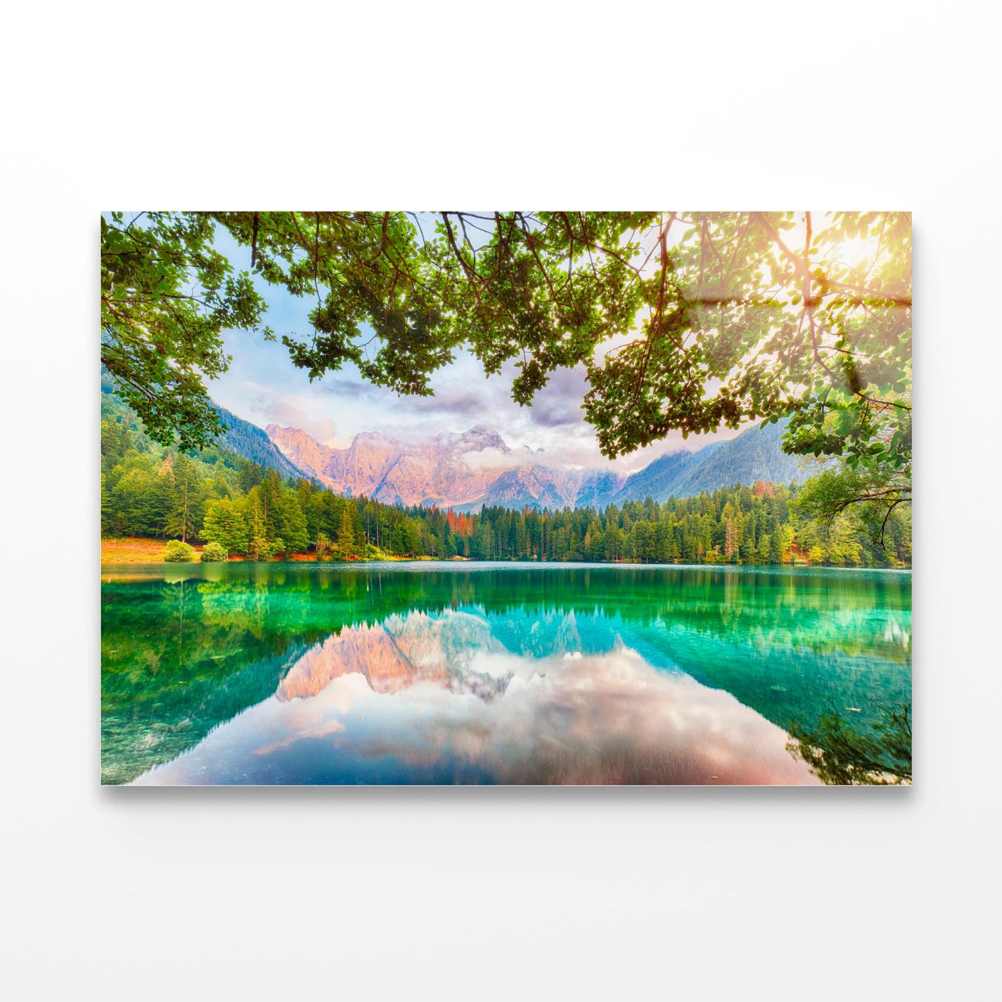 View of Sunset Over Fusine Lake with Mountains Acrylic Glass Print Tempered Glass Wall Art 100% Made in Australia Ready to Hang