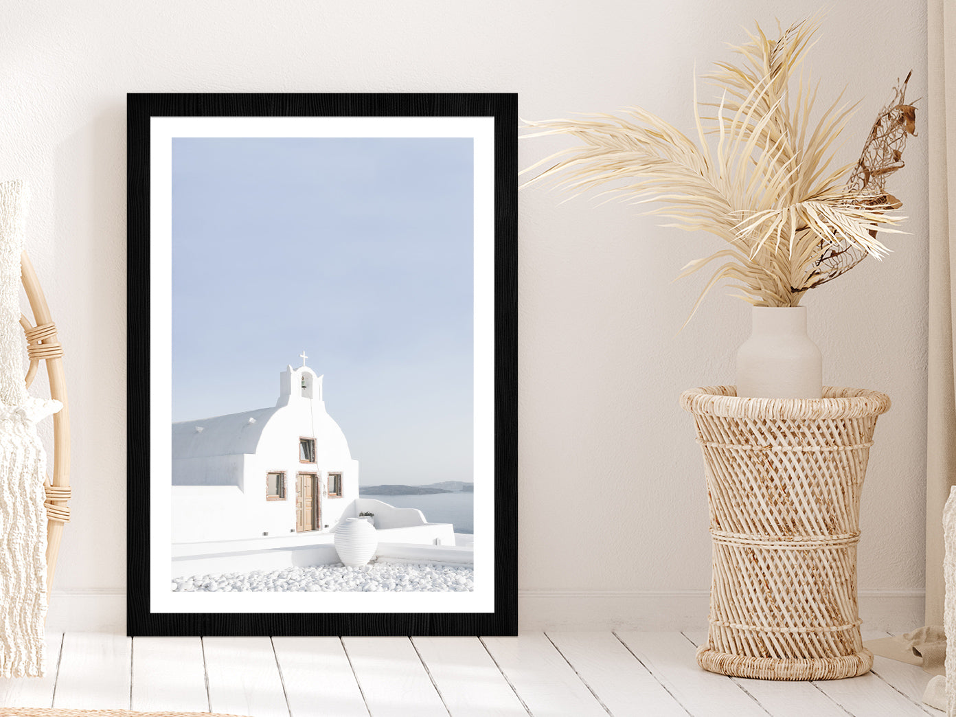 Greek Church by the White Houses Photograph Glass Framed Wall Art, Ready to Hang Quality Print With White Border Black