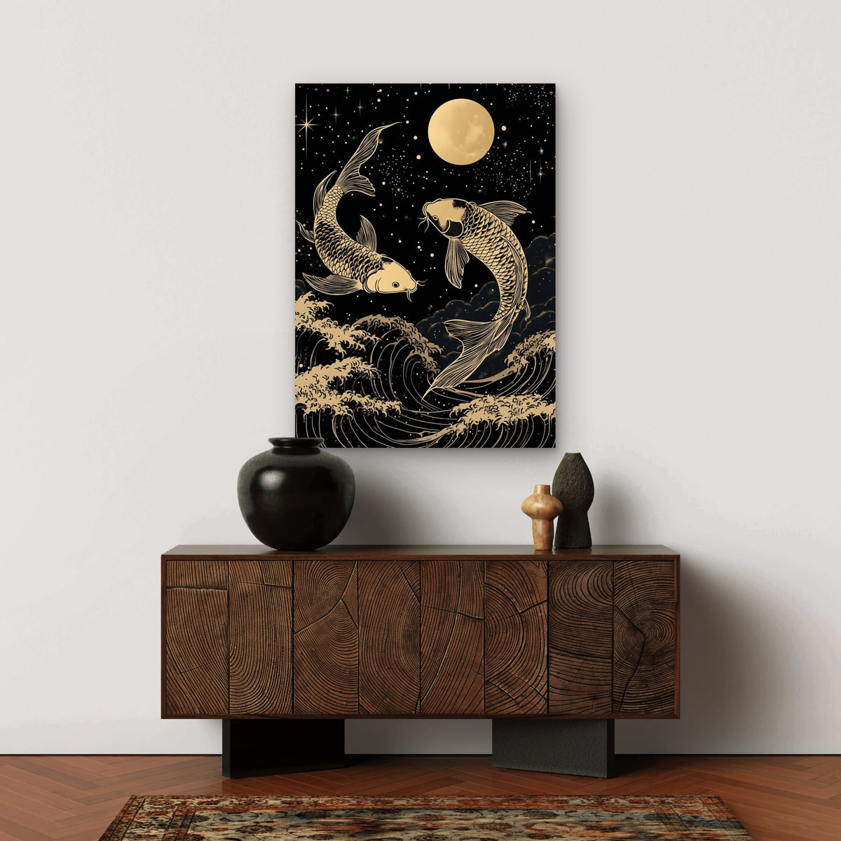 Gold Koi Fish Moon Waves 60x90cm Metal Print Ready to Hang