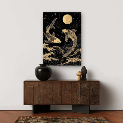 Gold Koi Fish Moon Waves 60x90cm Metal Print Ready to Hang