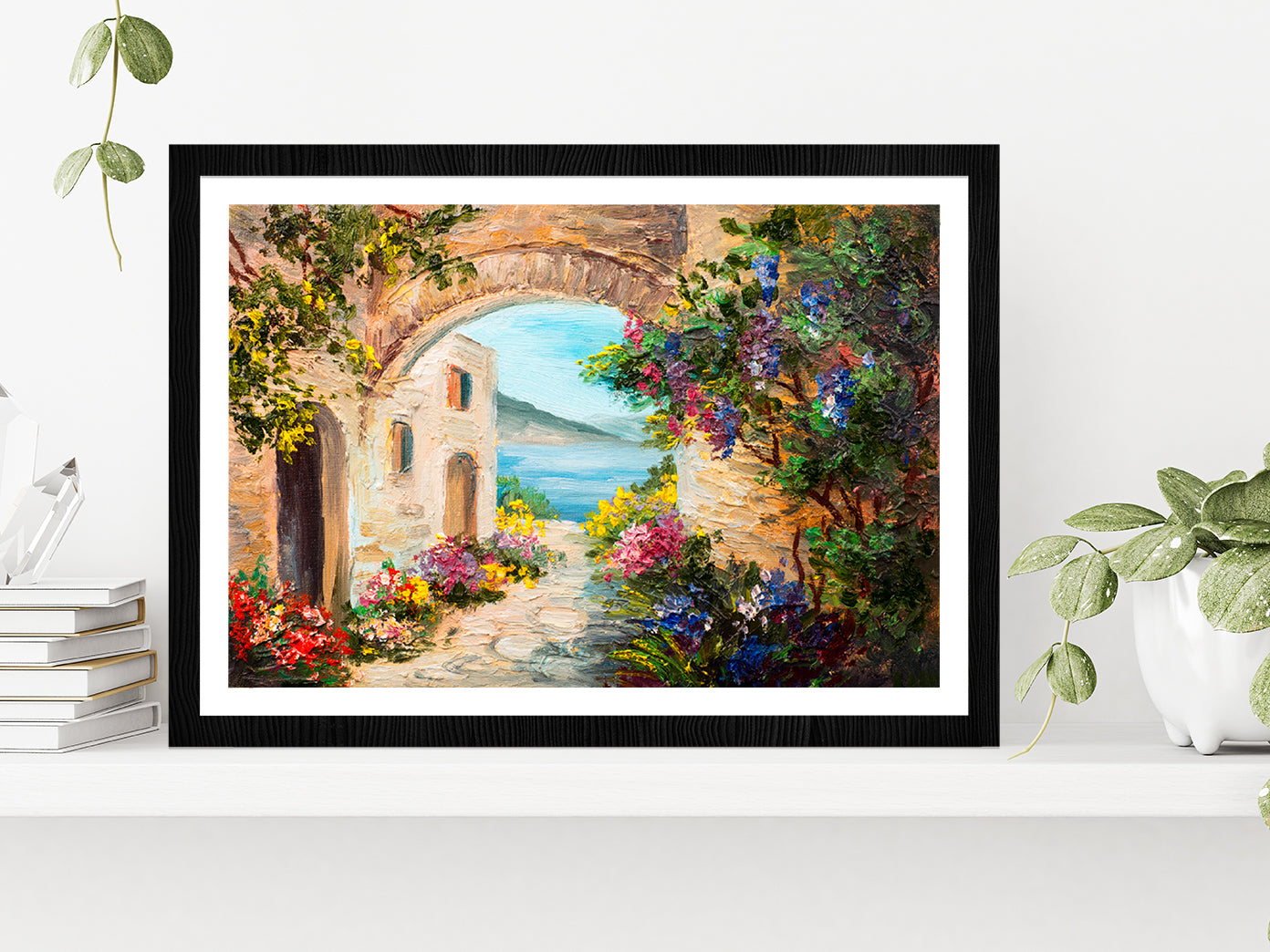 House Near The Sea Painting Glass Framed Wall Art, Ready to Hang Quality Print With White Border Black