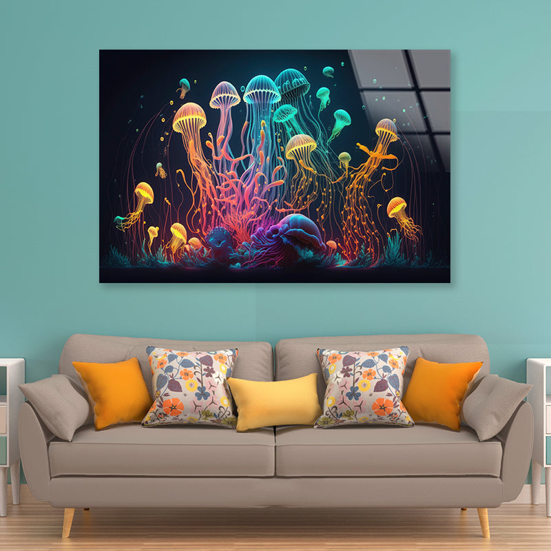 Colorful Jellyfish and Fish Float In an Ocean Acrylic Glass Print Tempered Glass Wall Art 100% Made in Australia Ready to Hang