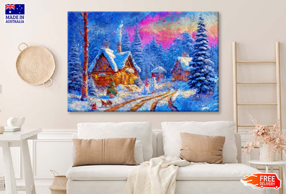 Winter Country Landscape with Log Houses. Christmas Pine Tree Wall Art Limited Edition High Quality Print