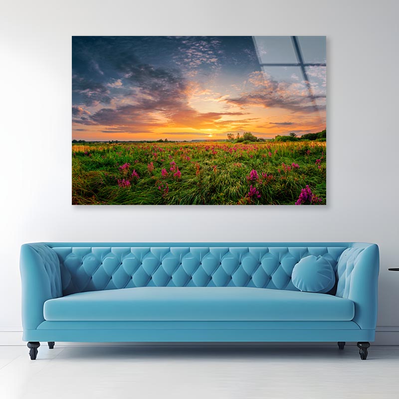 Sun Set Landscape with A Wild Field Full of Purple Flowers Acrylic Glass Print Tempered Glass Wall Art 100% Made in Australia Ready to Hang