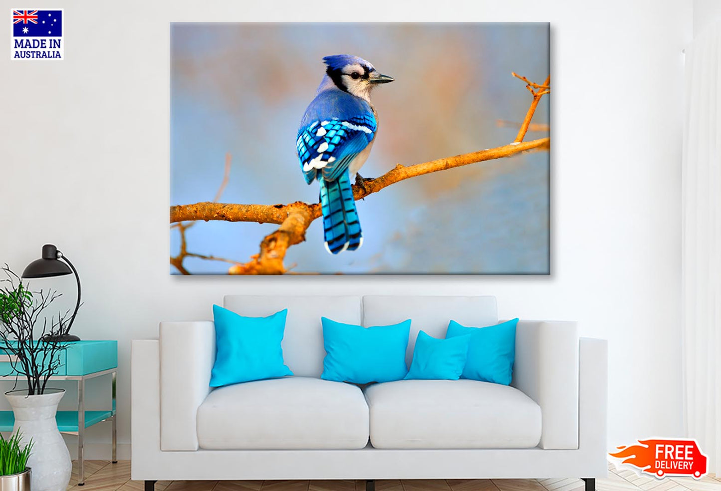 Lue Jay Sitting on A Tree Branch  Wall Art Decor 100% Australian Made