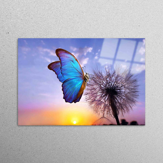 Morpho Butterfly and Dandelion Acrylic Glass Print Tempered Glass Wall Art 100% Made in Australia Ready to Hang