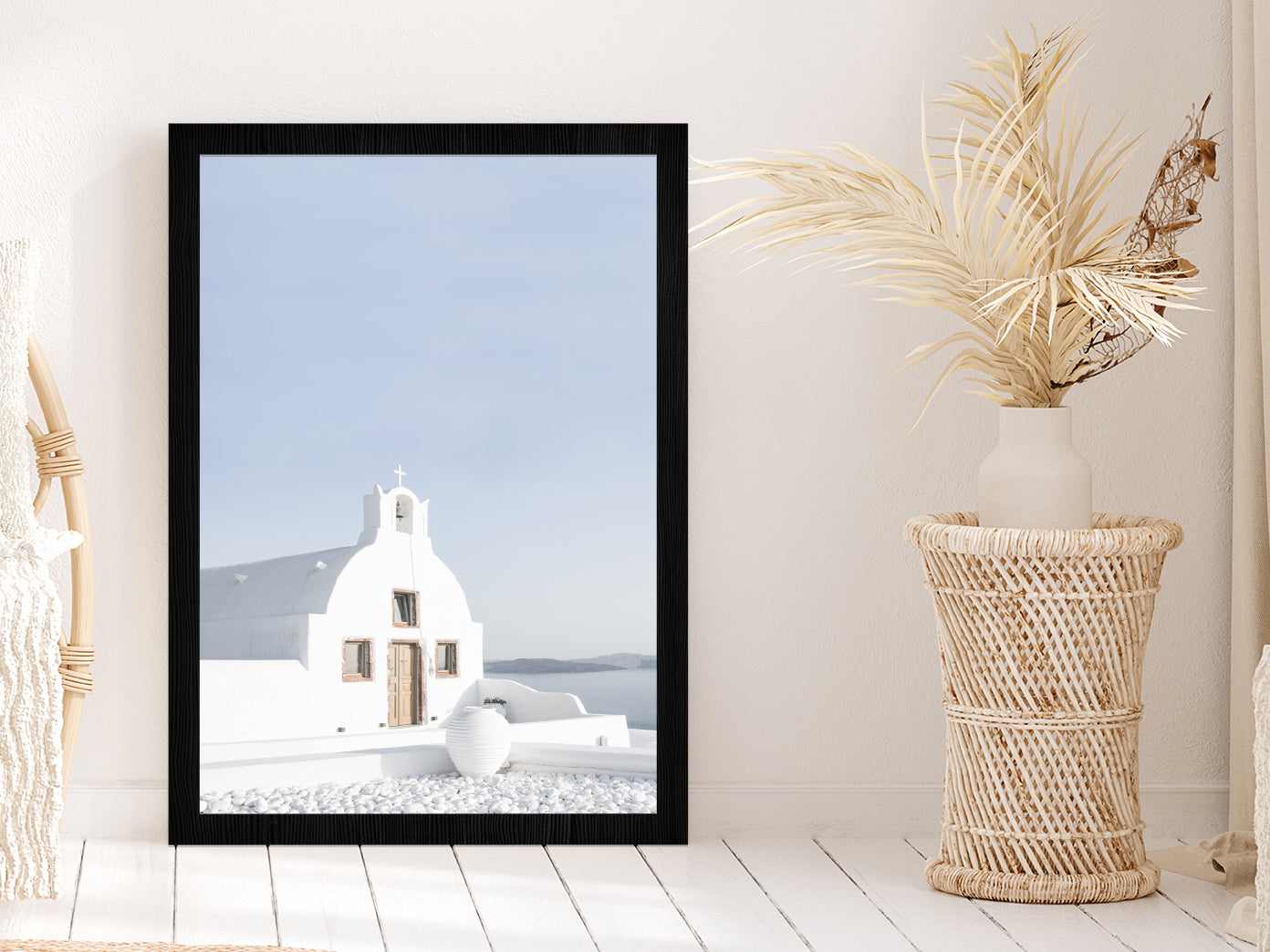 Greek Church by the White Houses Photograph Glass Framed Wall Art, Ready to Hang Quality Print Without White Border Black