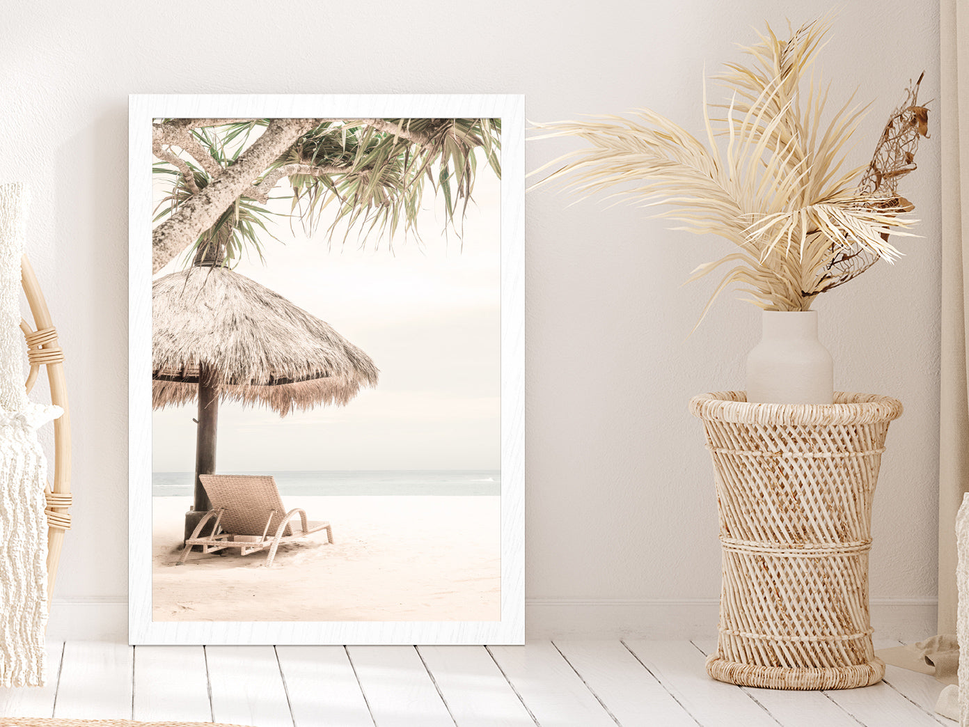 Beach Hut & Chair near Sea Faded Photograph Glass Framed Wall Art, Ready to Hang Quality Print Without White Border White