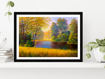 Beautiful Summer Forest With River Glass Framed Wall Art, Ready to Hang Quality Print With White Border Black