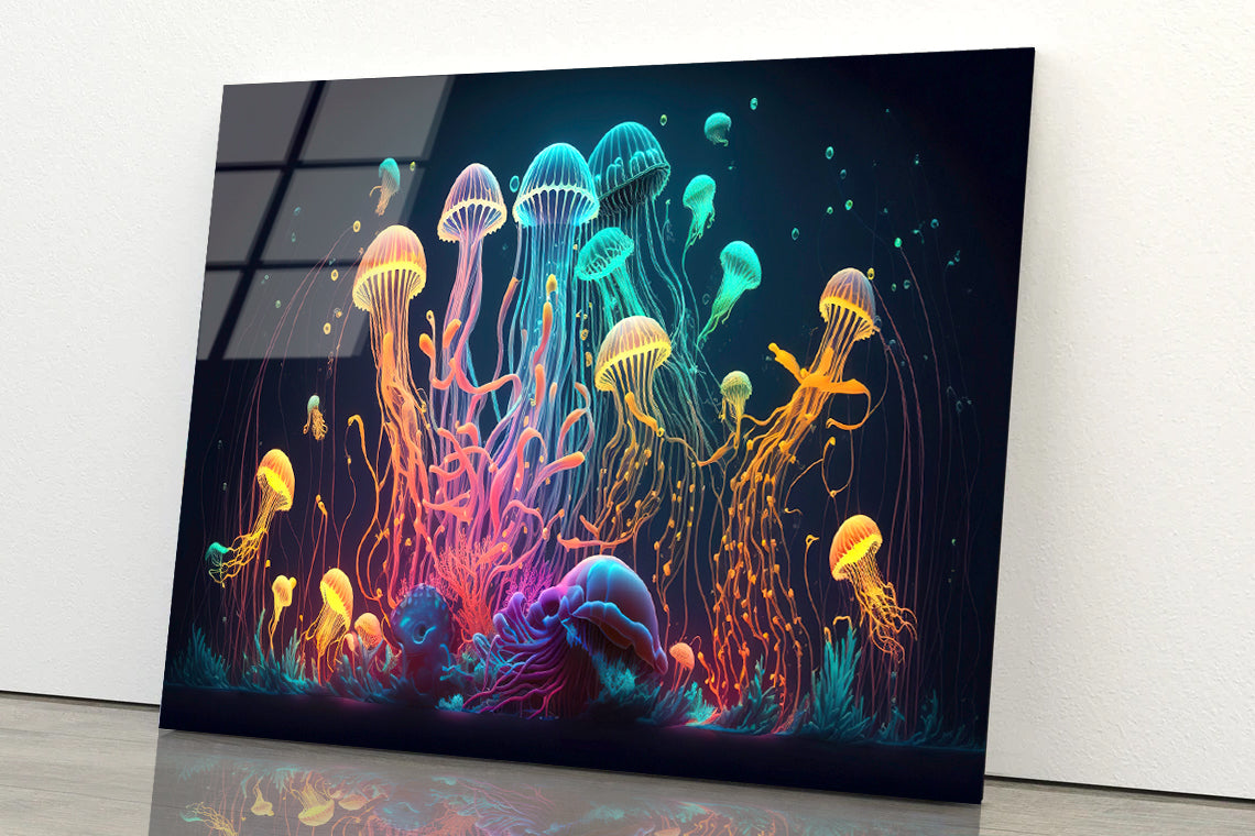 Colorful Jellyfish and Fish Float In an Ocean Acrylic Glass Print Tempered Glass Wall Art 100% Made in Australia Ready to Hang