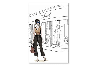 Stylish Girl with Fashion Store Wall Art Limited Edition High Quality Print Stretched Canvas None