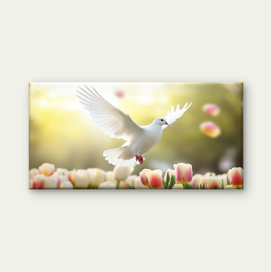 White Dove Bird Flying Spring Tulips Floral Meadow Wall Art Canvas Office Home Framed 120x60cm