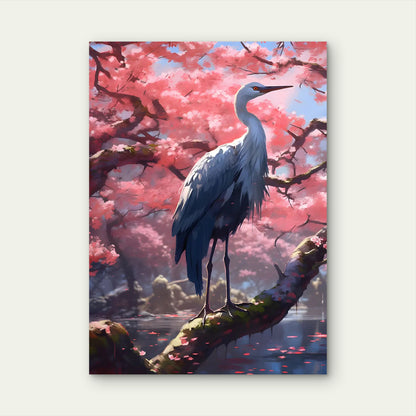 White Egret Heron Sakura Garden 40x60cm Metal Print Ready to Hang