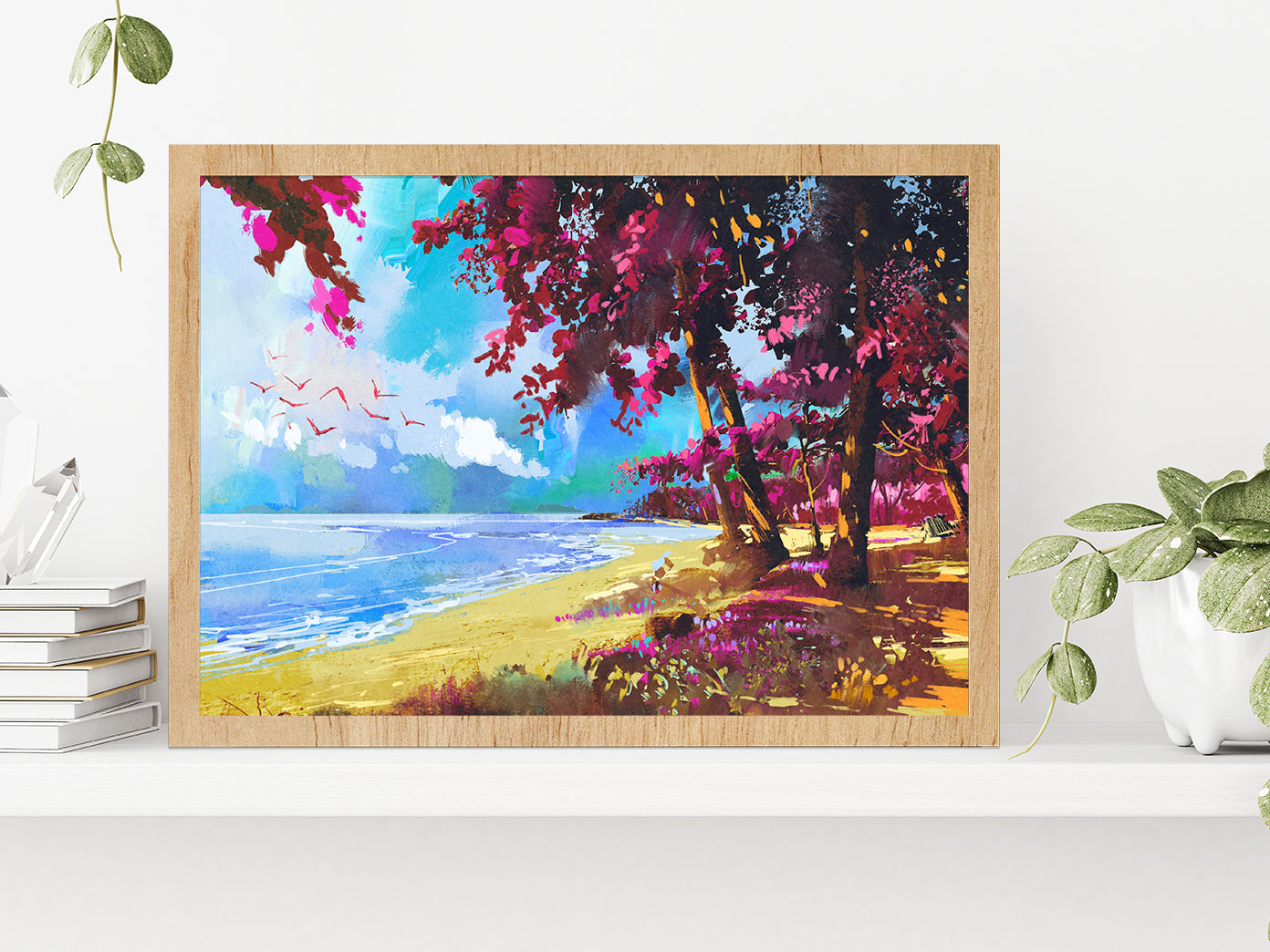 Pink Trees On The Beach Summer Landscape Glass Framed Wall Art, Ready to Hang Quality Print Without White Border Oak